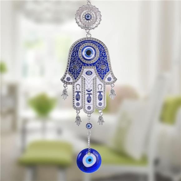 Evil Eye Fatima's Holy Hand Talisman Pendant, Handmade Turkish Ornament,  Blue - Picture 3 of 7